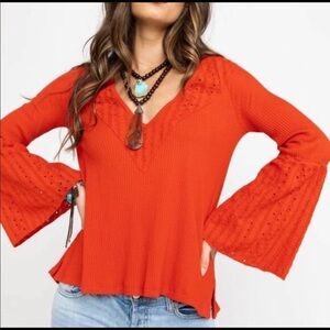 Free People Red Eyelet Ribbed Top with Bell Sleeves size M